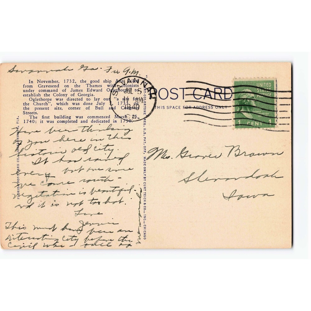Old Christ Church Founded 1733 Savannah Georgia GA Linen Postcard Curt Teich - Picture 2 of 2